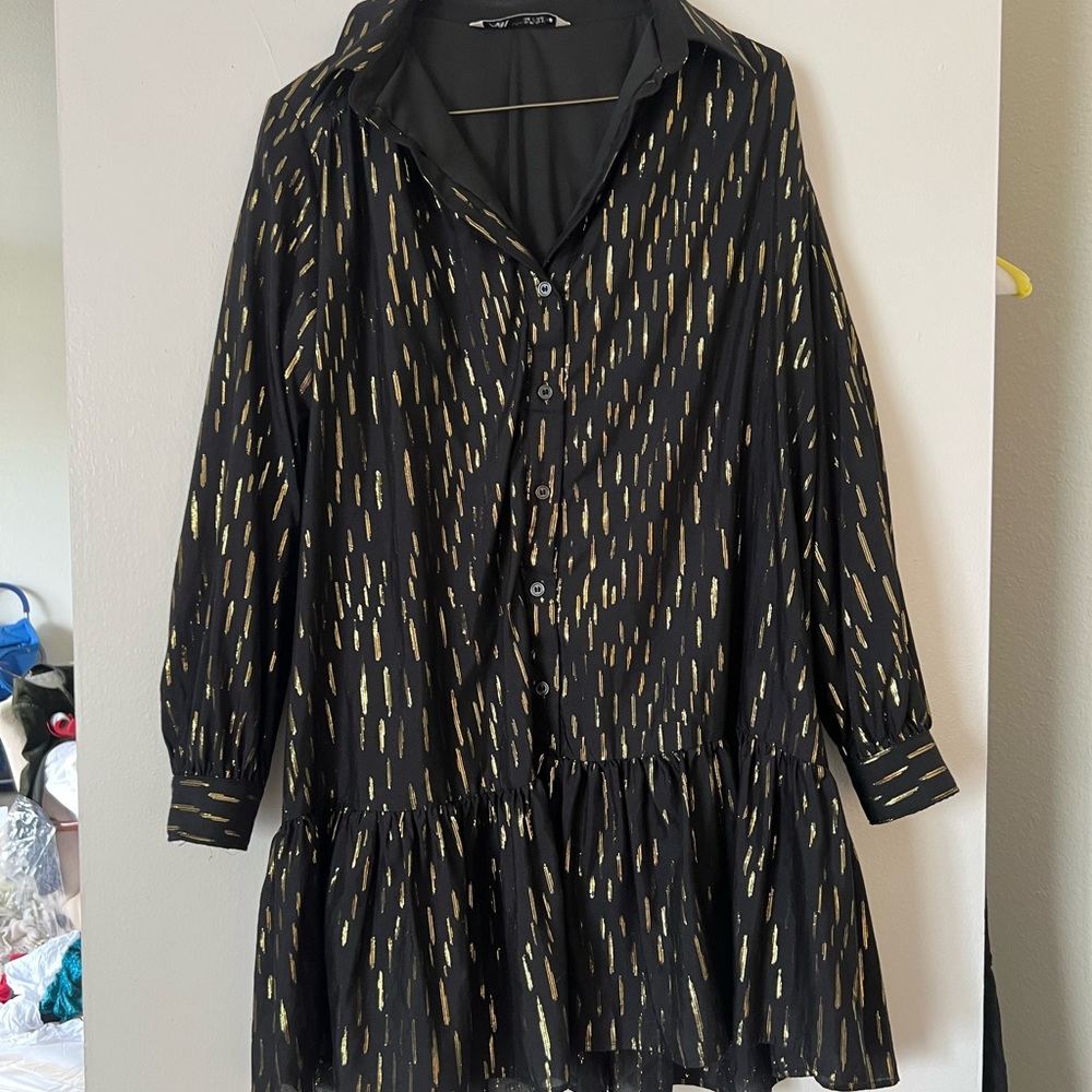 Zara Black and Gold Button-Up Dress